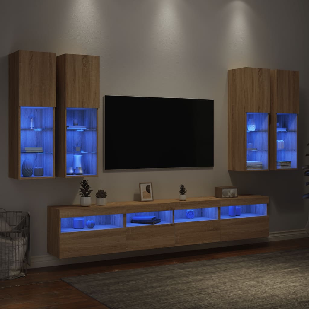 vidaXL 7-cz. zestaw ściennych szafek TV z oświetleniem LED, dąb sonoma