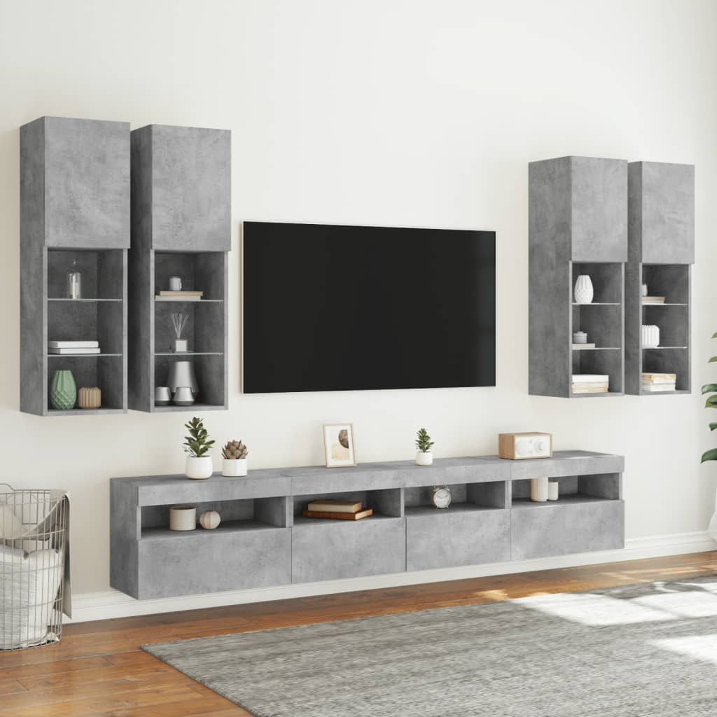 vidaXL 7-cz. zestaw ściennych szafek TV z LED, szarość betonu