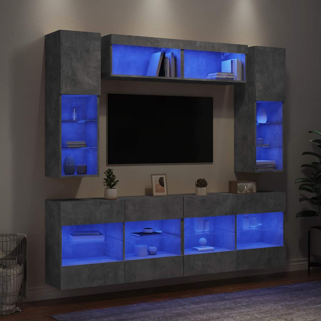 vidaXL 6-cz. zestaw ściennych szafek TV z LED, szarość betonu
