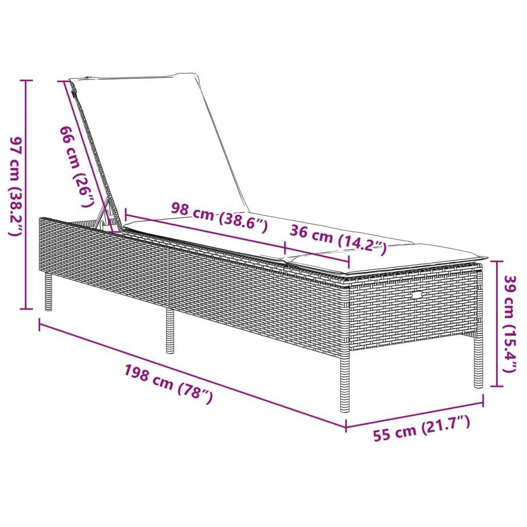 vidaXL Leżak z poduszką, brązowy, polirattan