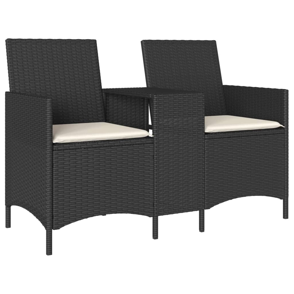 vidaXL Ogrodowa sofa 2-os. ze stolikiem i poduszkami, czarny rattan PE