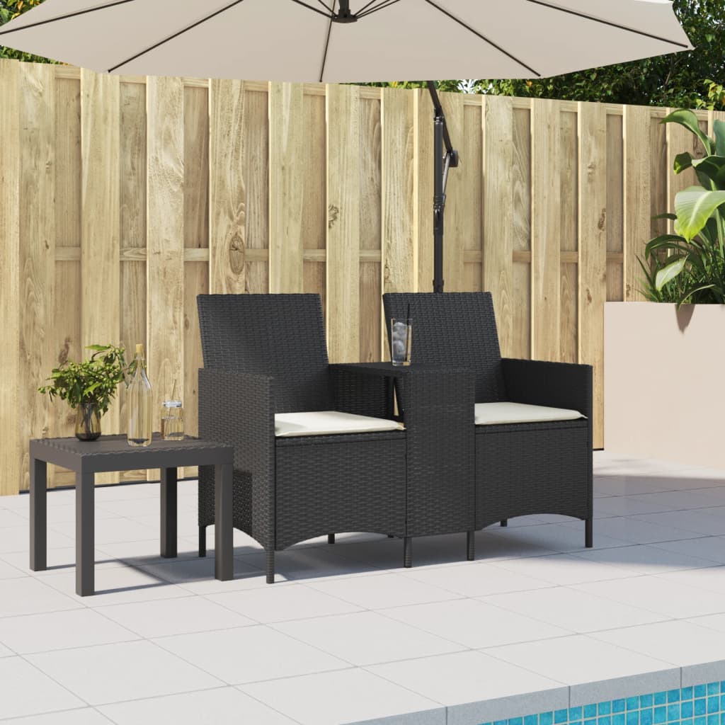 vidaXL Ogrodowa sofa 2-os. ze stolikiem i poduszkami, czarny rattan PE