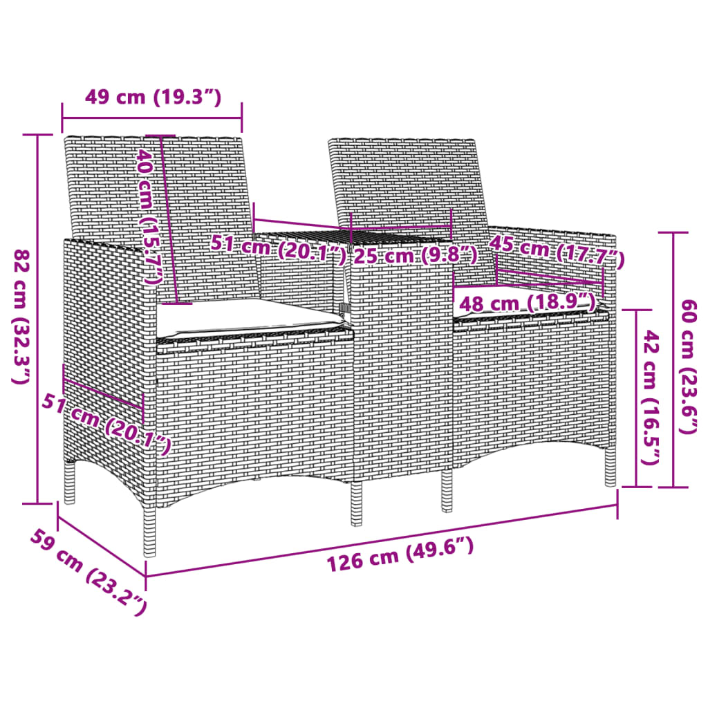 vidaXL Ogrodowa sofa 2-os. ze stolikiem i poduszkami, szary rattan PE