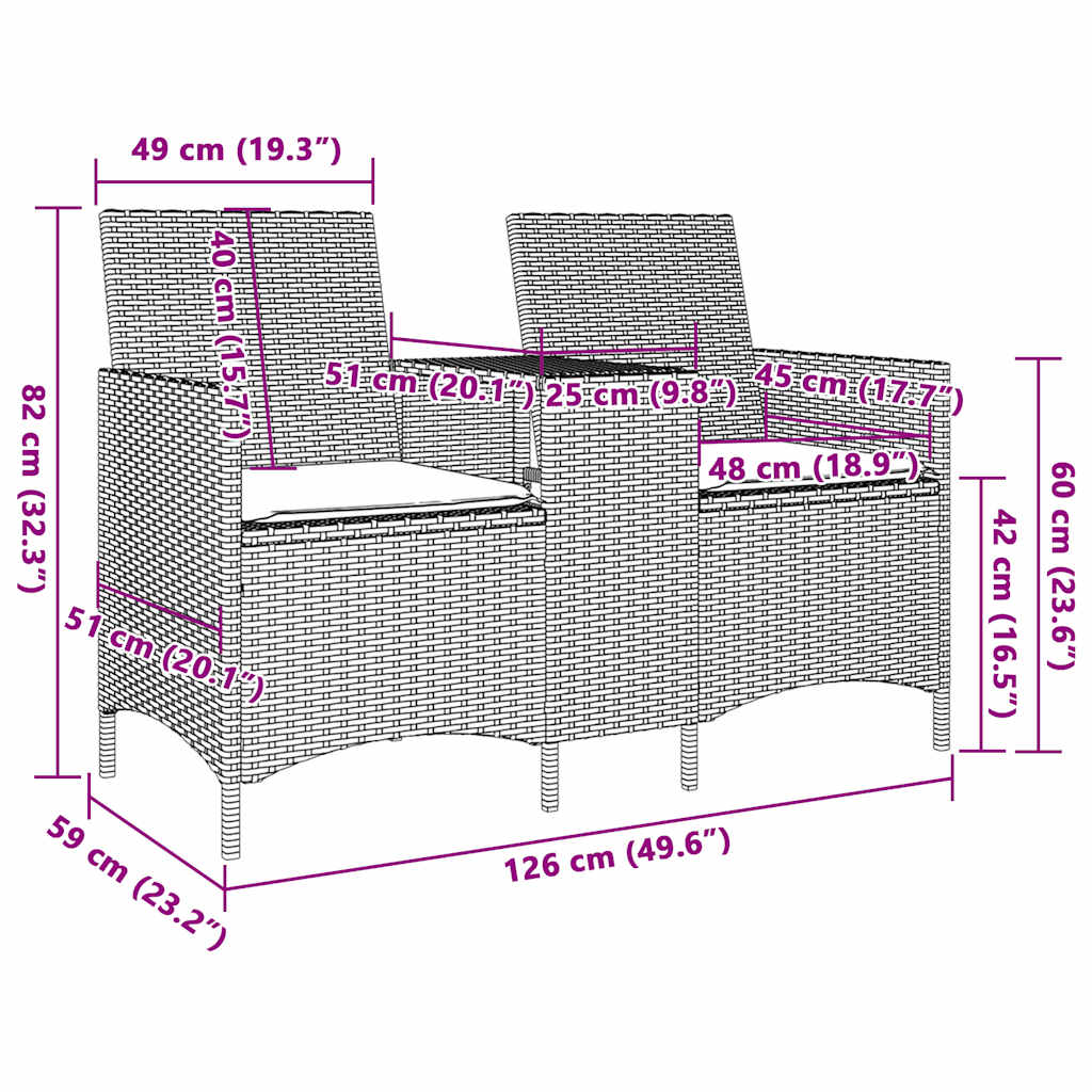 vidaXL Ogrodowa sofa 2-os. ze stolikiem i poduszkami, beżowy rattan PE