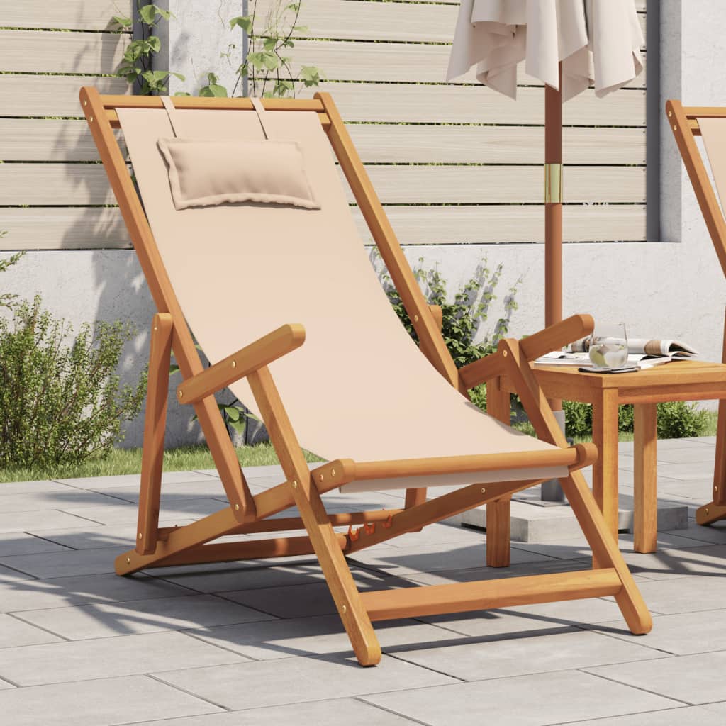 vidaXL Składane krzesło plażowe, beżowe, drewno eukaliptusa i tkanina