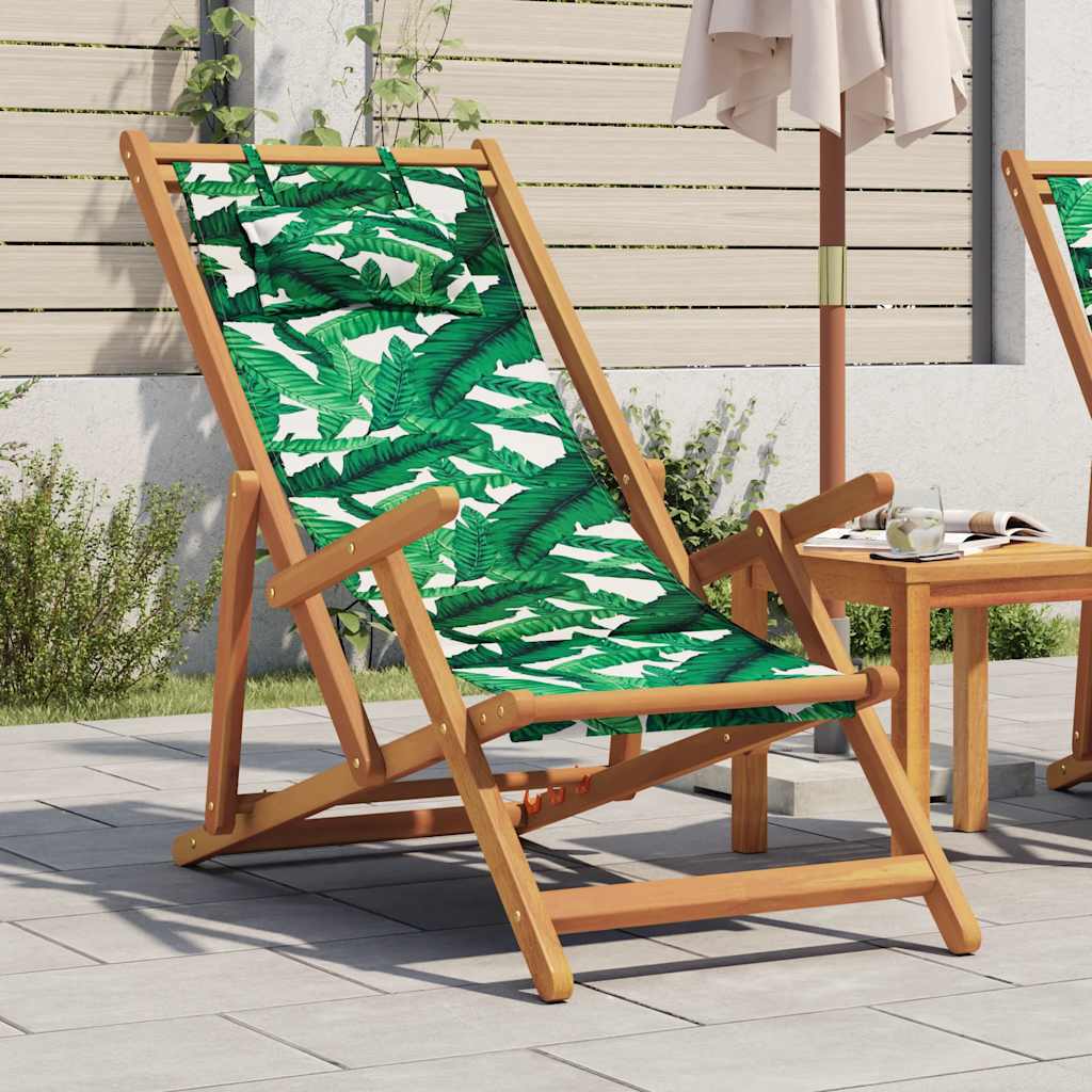 vidaXL Składane krzesło plażowe, wzór w liście, eukaliptus i tkanina