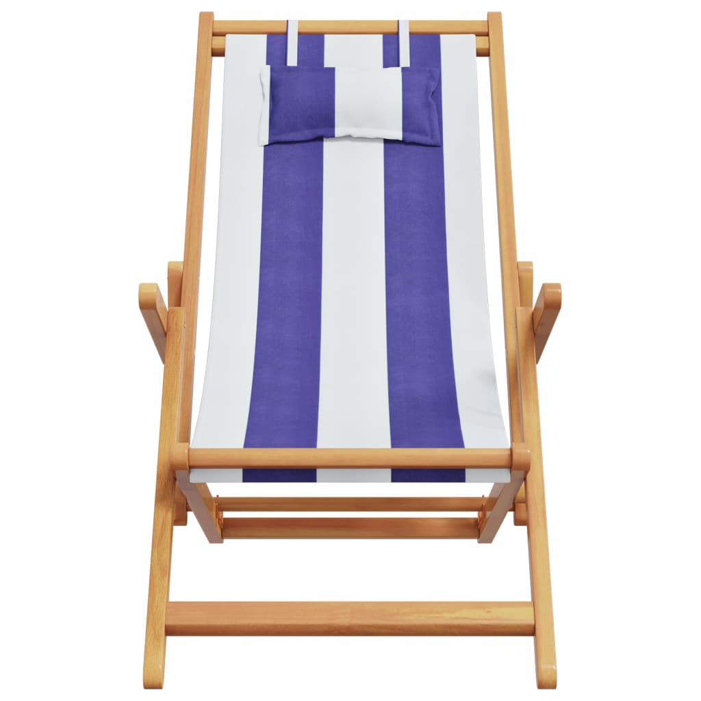 vidaXL Składane krzesło plażowe, niebiesko-białe, eukaliptus i tkanina