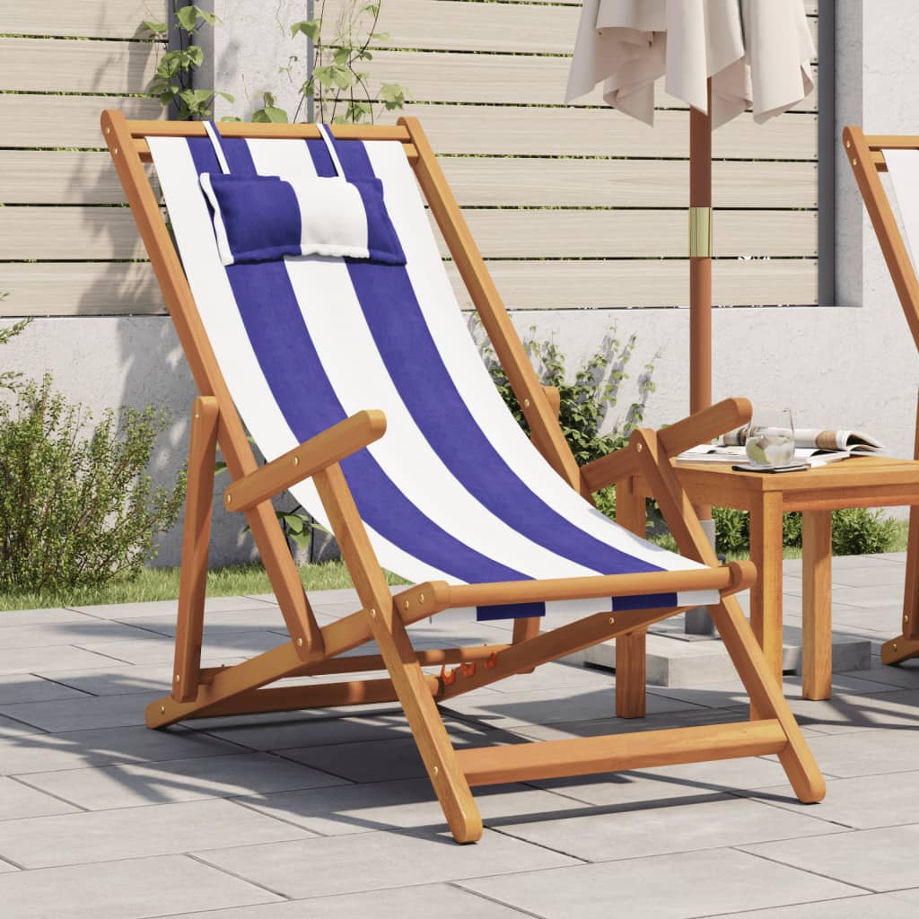vidaXL Składane krzesło plażowe, niebiesko-białe, eukaliptus i tkanina