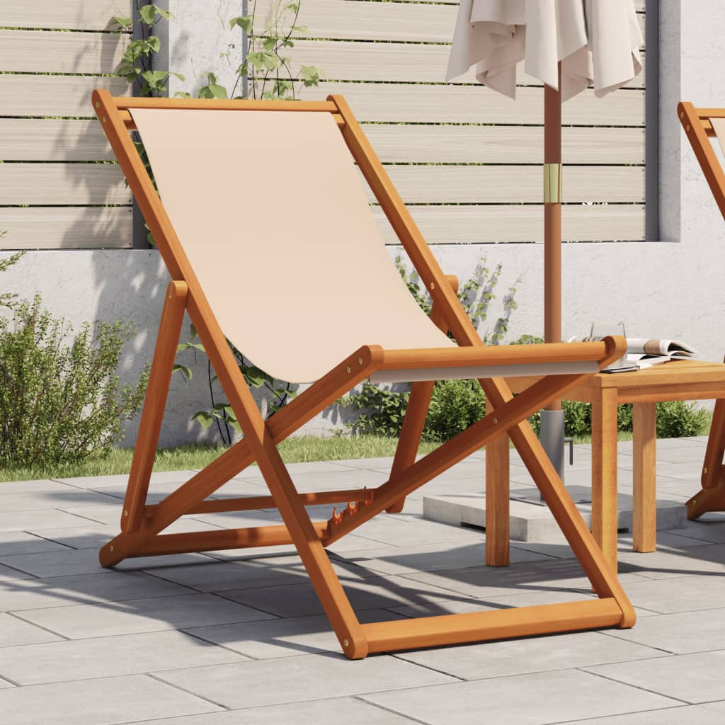 vidaXL Składane krzesło plażowe, beżowe, drewno eukaliptusa i tkanina