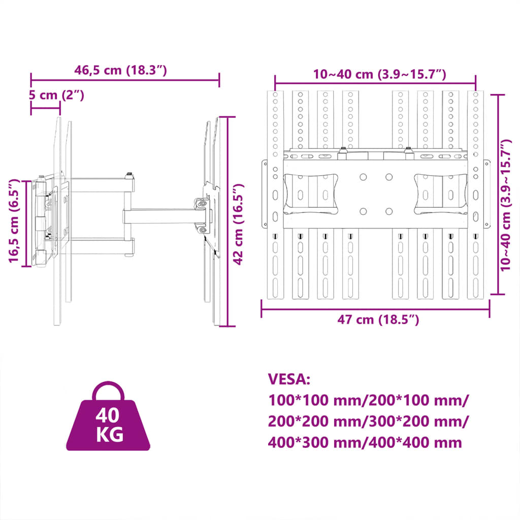 vidaXL Uchwyt ścienny na TV 26-70'', rozstaw VESA 400x400 mm, 40 kg