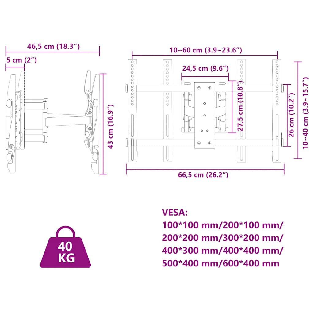 vidaXL Uchwyt ścienny na TV 37-80'', rozstaw VESA 600x400 mm, 40 kg