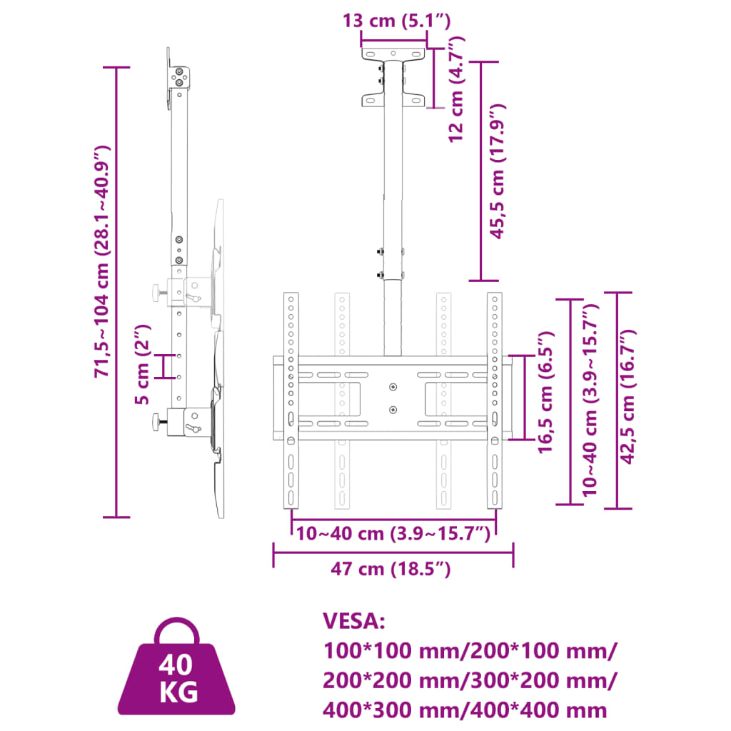 vidaXL Uchwyt sufitowy na TV 32-65'', rozstaw VESA 400x400 mm, 40 kg
