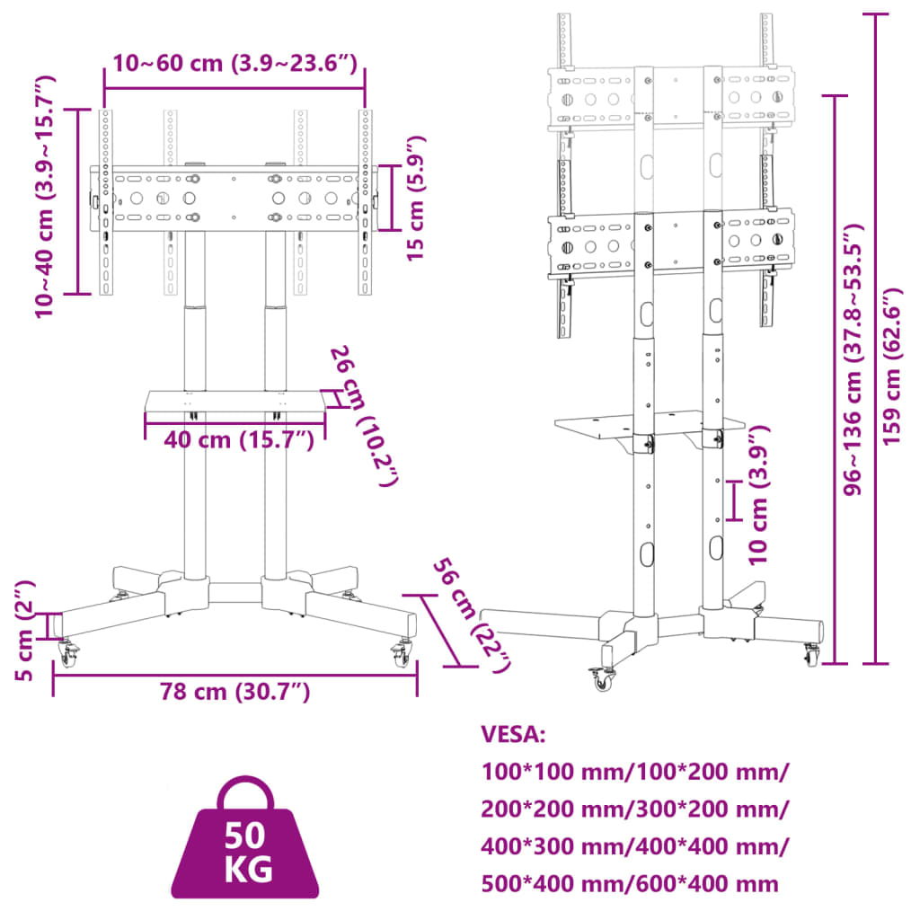 vidaXL Stojak na kółkach na TV 32-70'', VESA maks. 600x400 mm, 50 kg