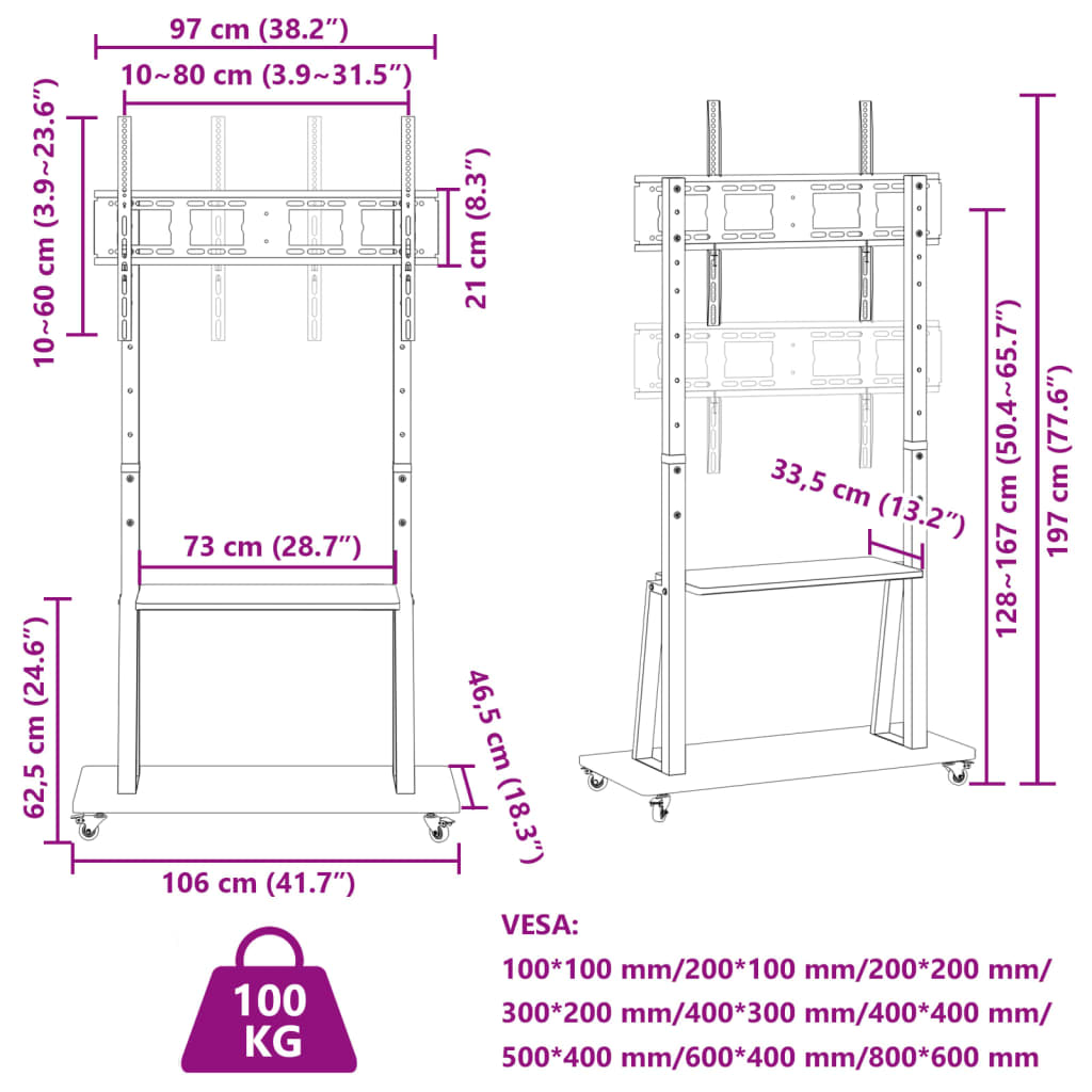 vidaXL Stojak na kółkach na TV 32-90'', VESA maks. 800x600 mm, 100 kg