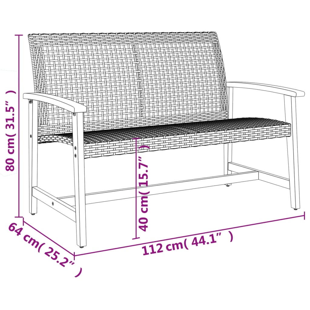 vidaXL Ławka ogrodowa, czarna, 112 cm, polirattan i drewno akacjowe