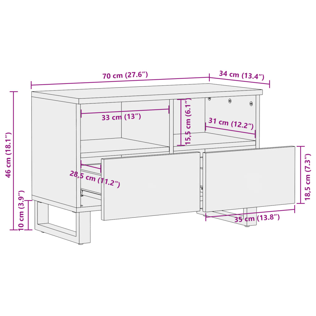 vidaXL Szafka pod telewizor, brązowa, 70x34x46 cm, lite drewno mango