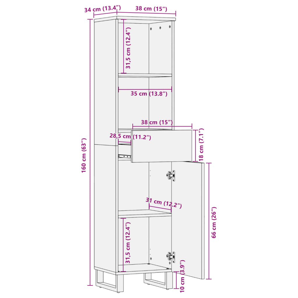 vidaXL Szafka, 38x34x160 cm, surowe drewno mango