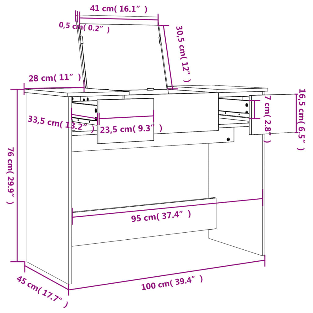 vidaXL Toaletka z lustrem, czarna, 100x45x76 cm