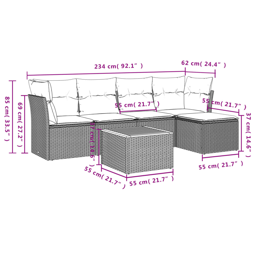 vidaXL 6-cz. zestaw mebli ogrodowych z poduszkami, czarny polirattan