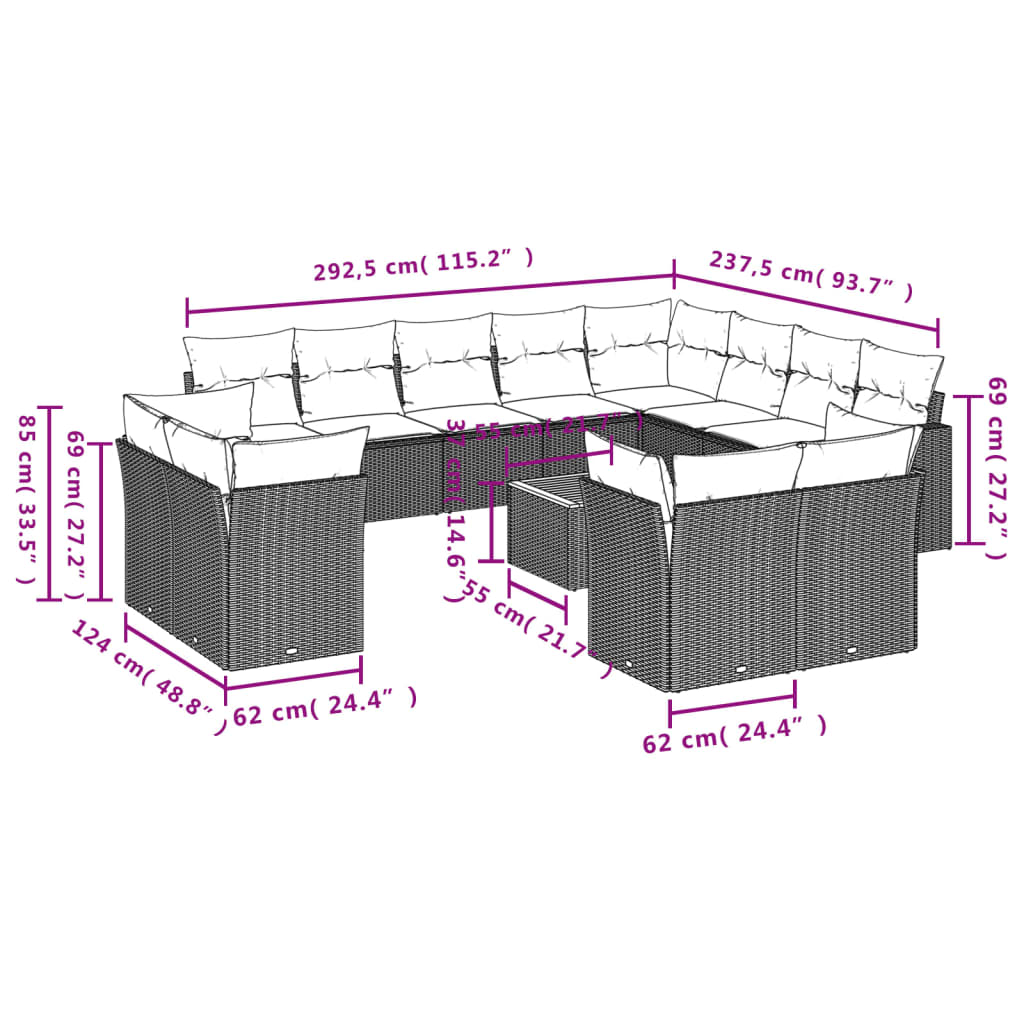 vidaXL 13-cz. zestaw mebli do ogrodu, poduszki, czarny, rattan PE