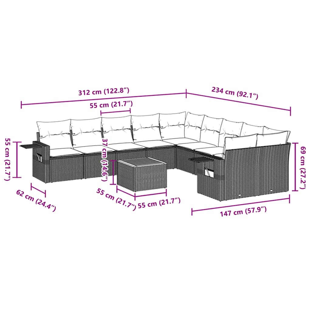 vidaXL 11-cz. zestaw wypoczynkowy do ogrodu, poduszki czarny rattan PE