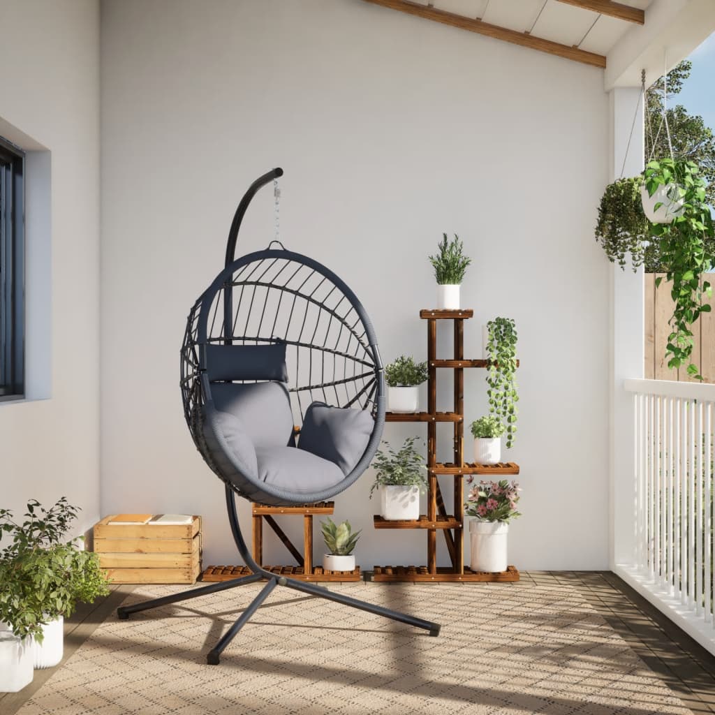 vidaXL Wiszące krzesło kokon ze stojakiem, szare, rattan i stal