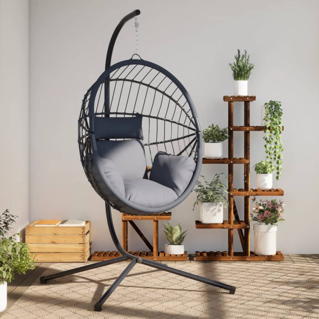 vidaXL Wiszące krzesło kokon ze stojakiem, szare, rattan i stal