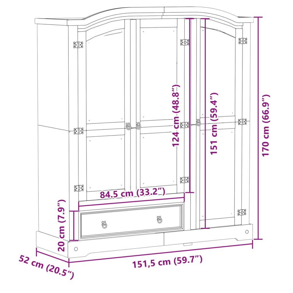 vidaXL Szafa Corona, 151,5x52x170 cm, lite drewno sosnowe