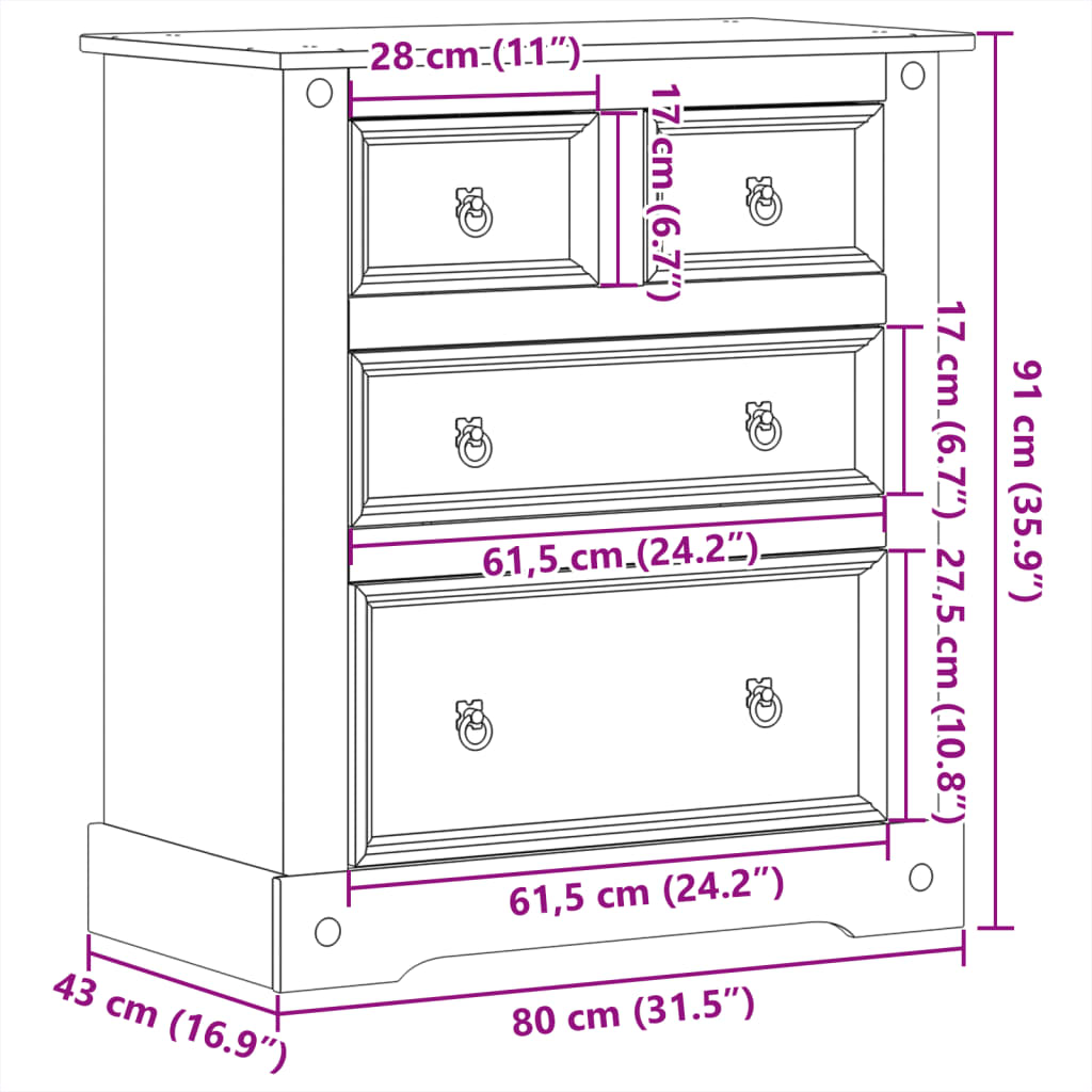vidaXL Komoda Corona, 80x43x91 cm, lite drewno sosnowe