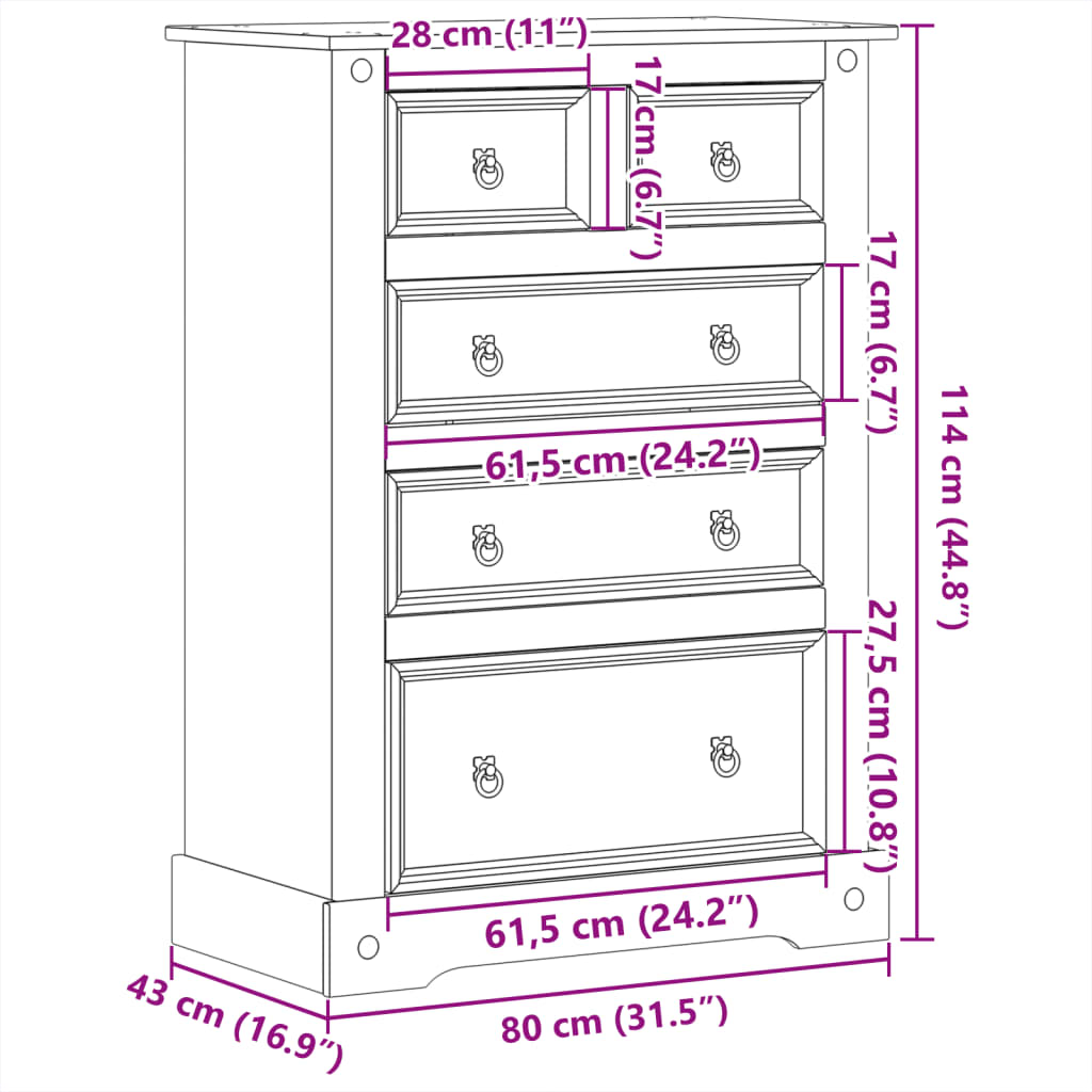 vidaXL Komoda Corona, 80x43x114 cm, lite drewno sosnowe