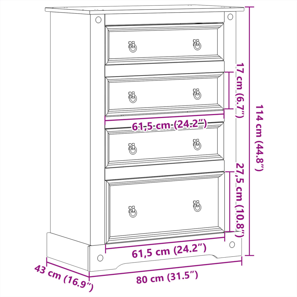 vidaXL Komoda Corona, 80x43x114 cm, lite drewno sosnowe
