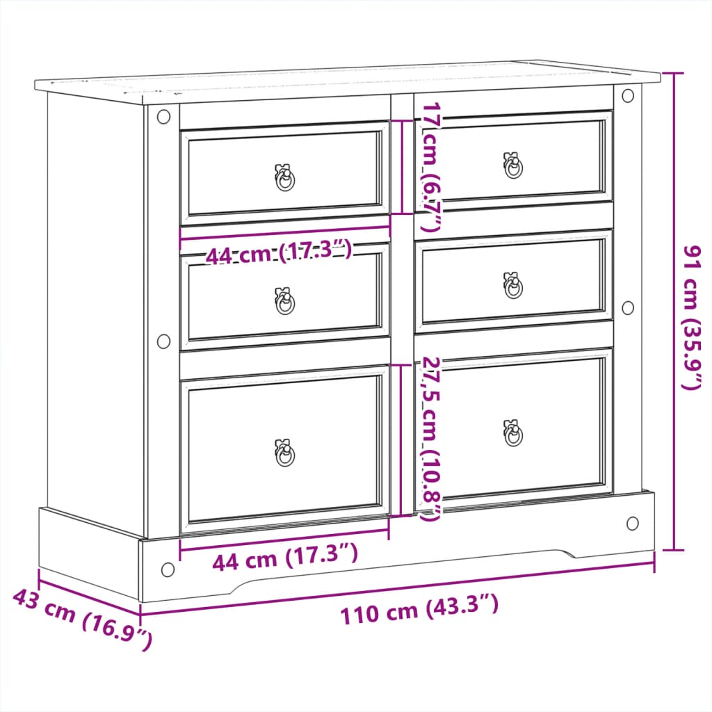 vidaXL Komoda Corona, 110x43x91 cm, lite drewno sosnowe
