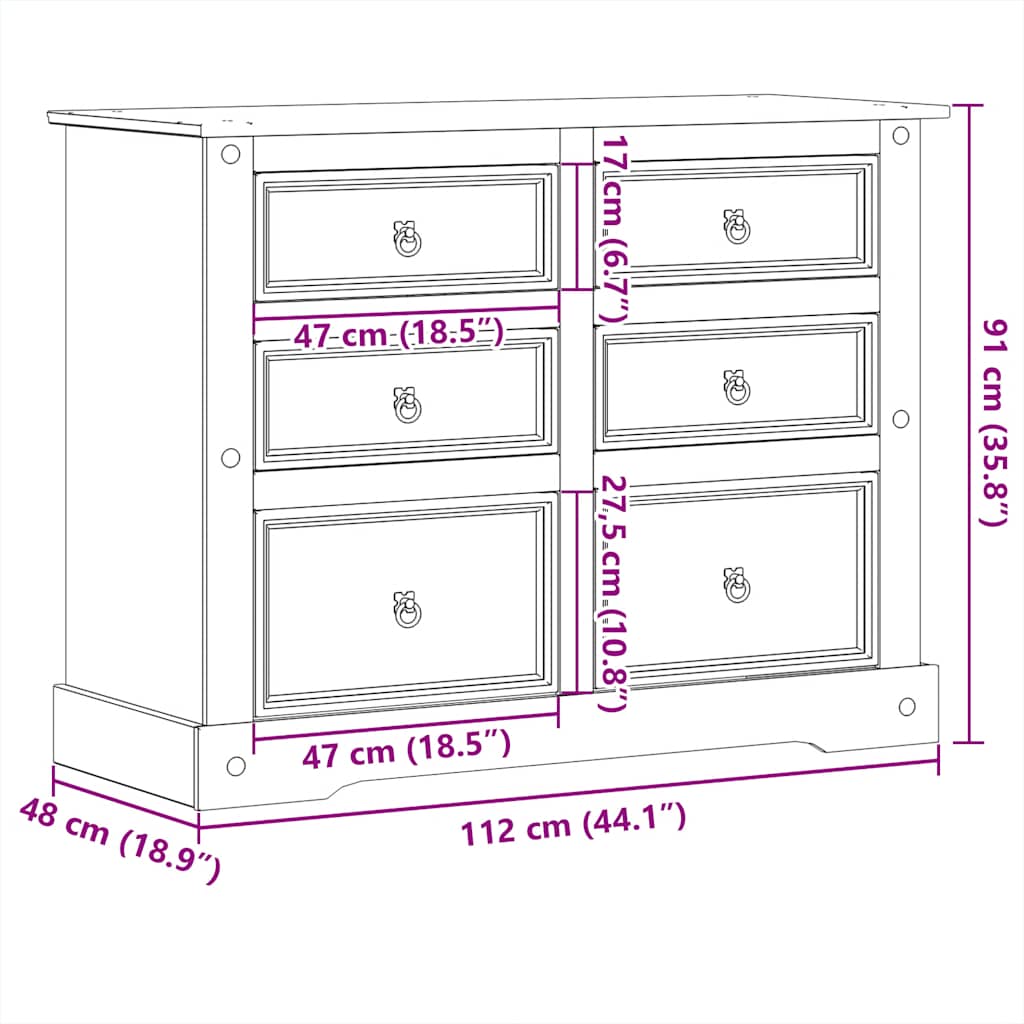 vidaXL Komoda Corona, 112x48x91 cm, lite drewno sosnowe