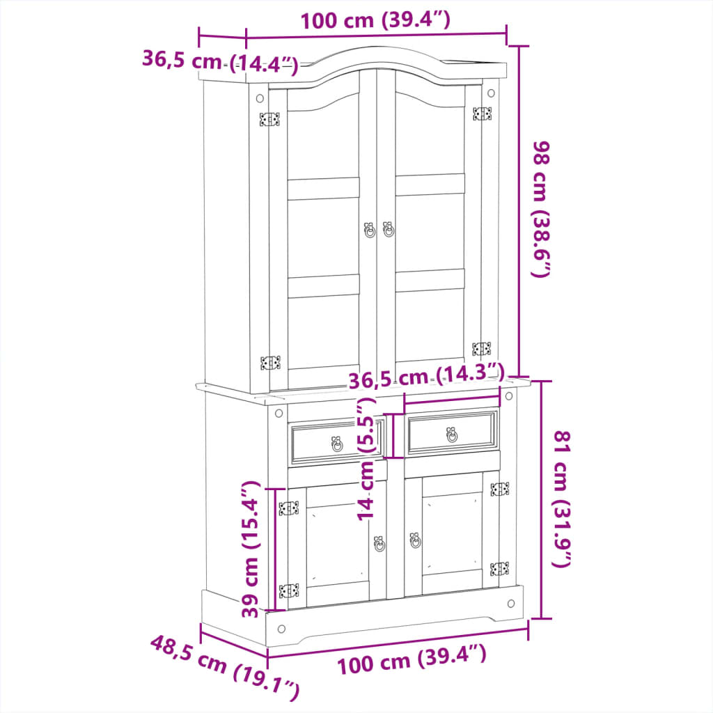 vidaXL Witryna Corona, 100x48,5x179 cm, lite drewno sosnowe