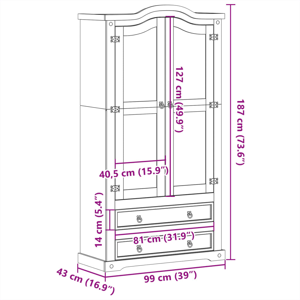 vidaXL Witryna Corona, 99x43x187 cm, lite drewno sosnowe