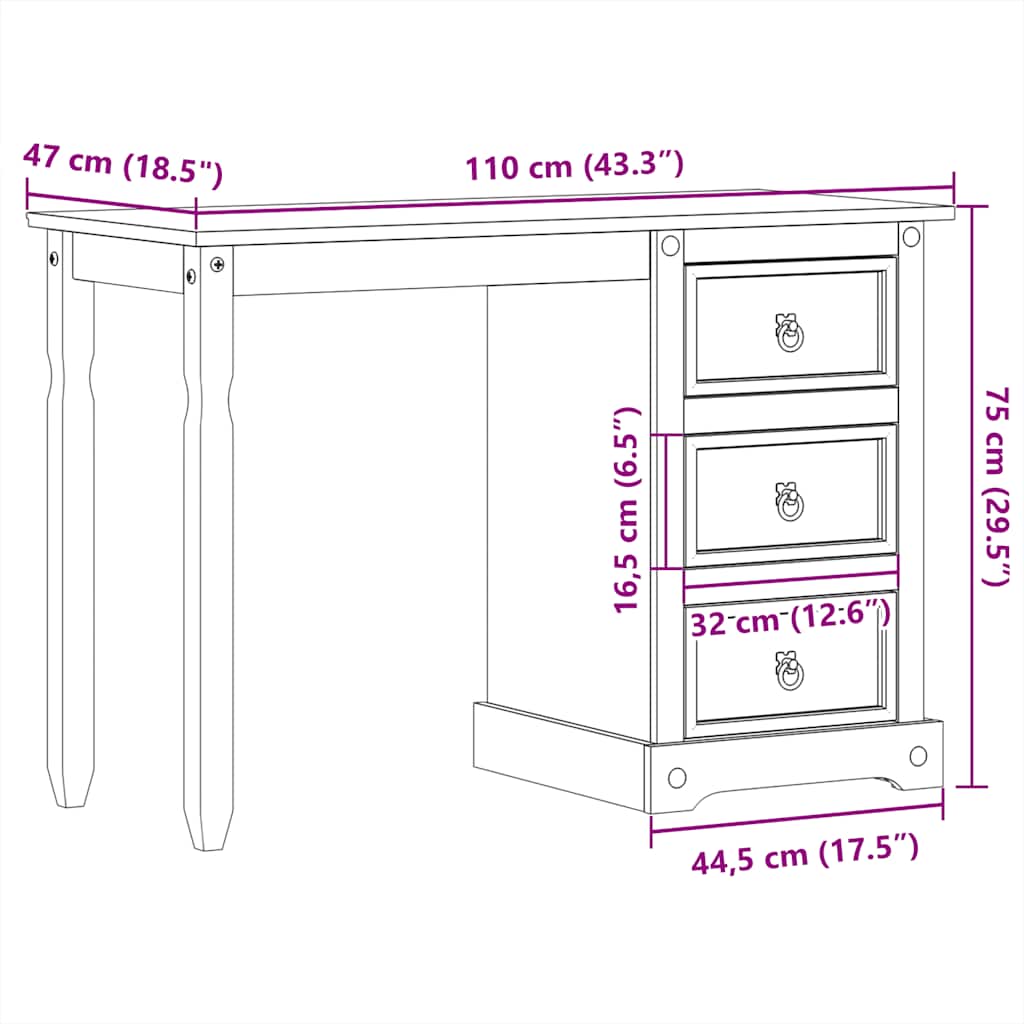 vidaXL Toaletka Corona, 110x47x75 cm, lite drewno sosnowe