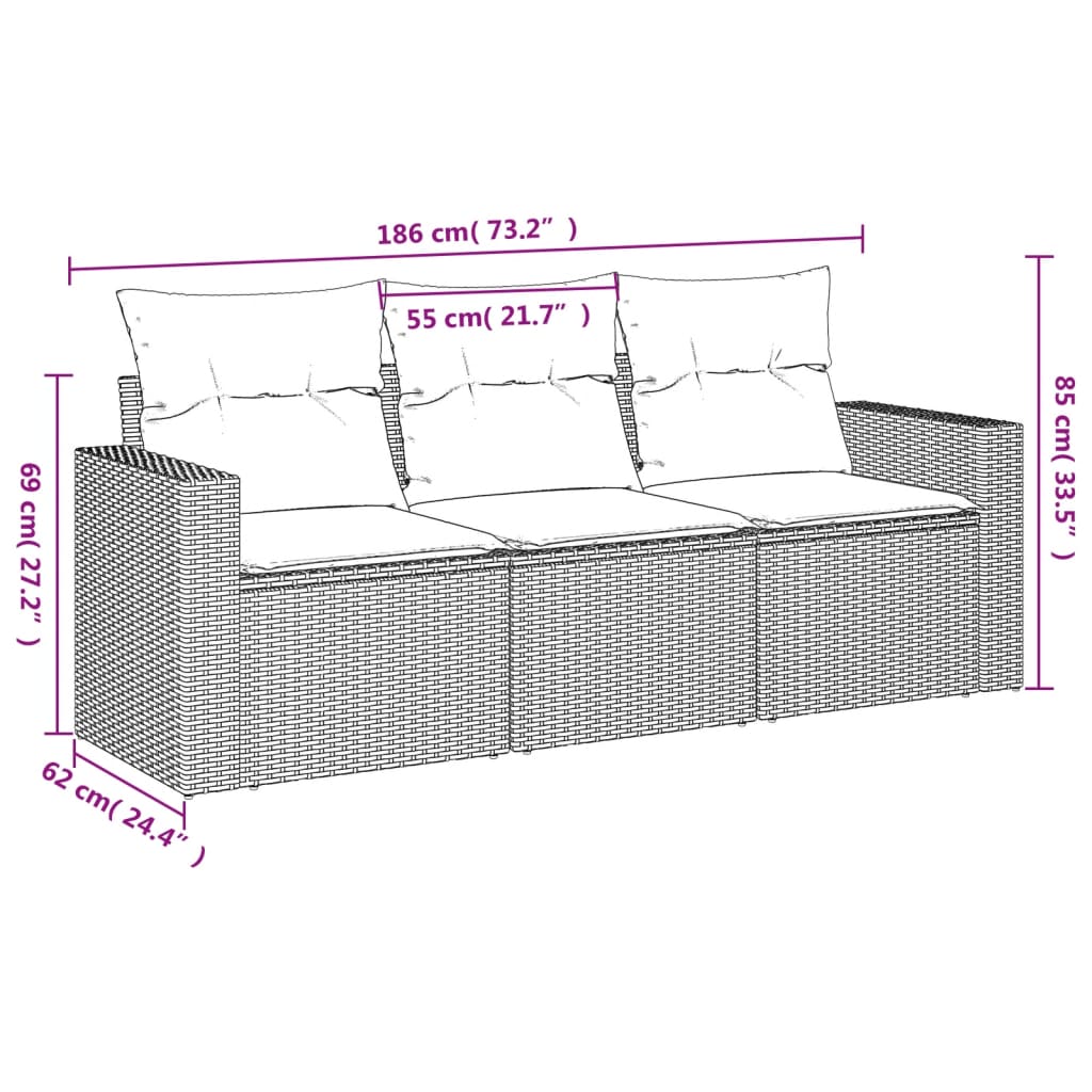 vidaXL 3-częściowa sofa do ogrodu, z poduszkami, szara, polirattanowa