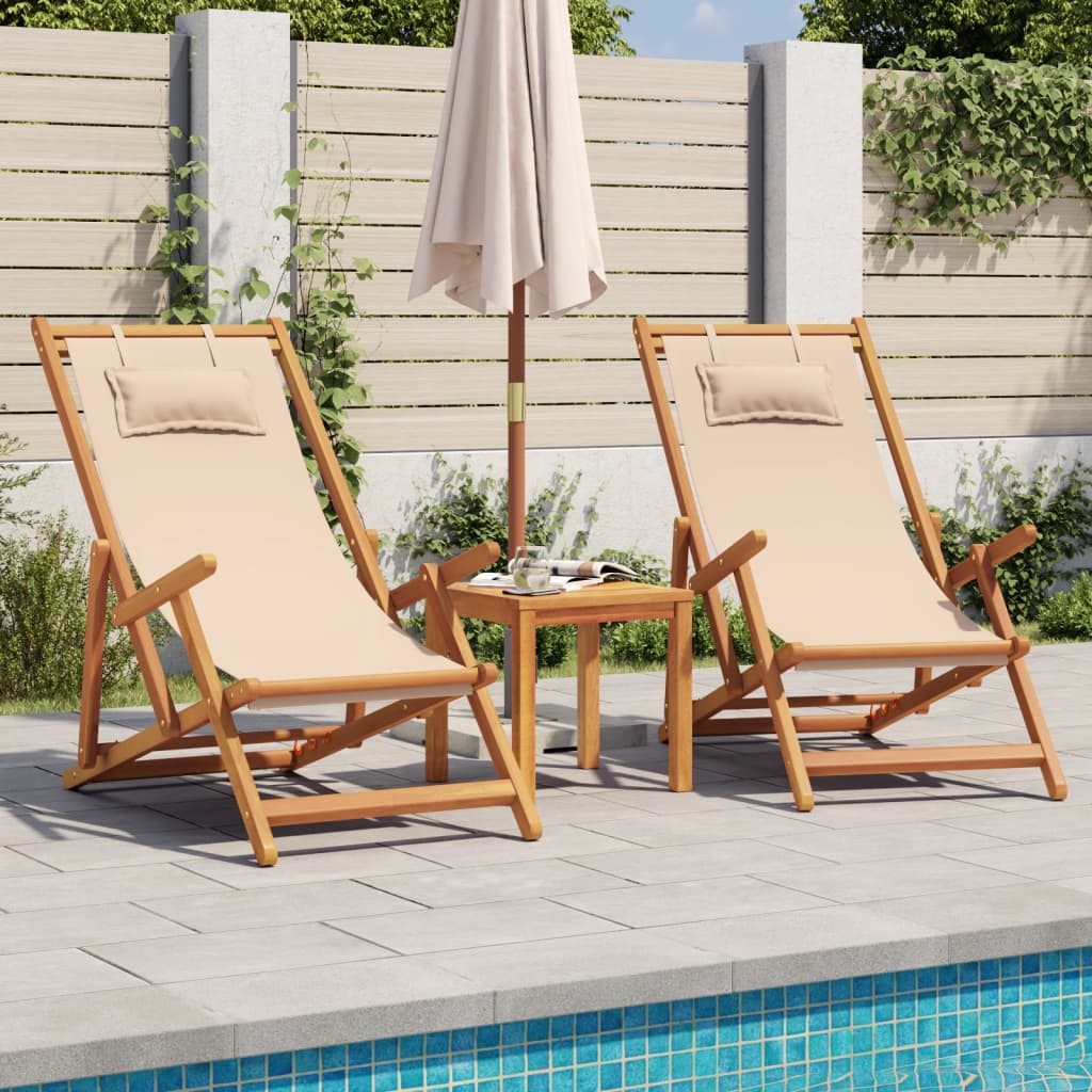 vidaXL Składane krzesła plażowe, 2 szt., beżowe, tkanina i lite drewno