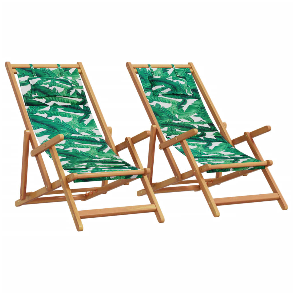vidaXL Składane krzesła plażowe 2 szt., wzór w liście tkanina i drewno