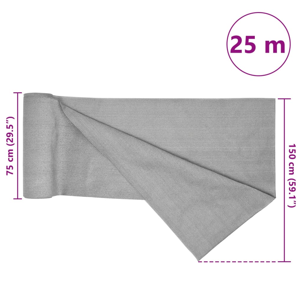 vidaXL Siatka cieniująca, jasnoszara, 1,5x25 m, HDPE, 75 g/m²