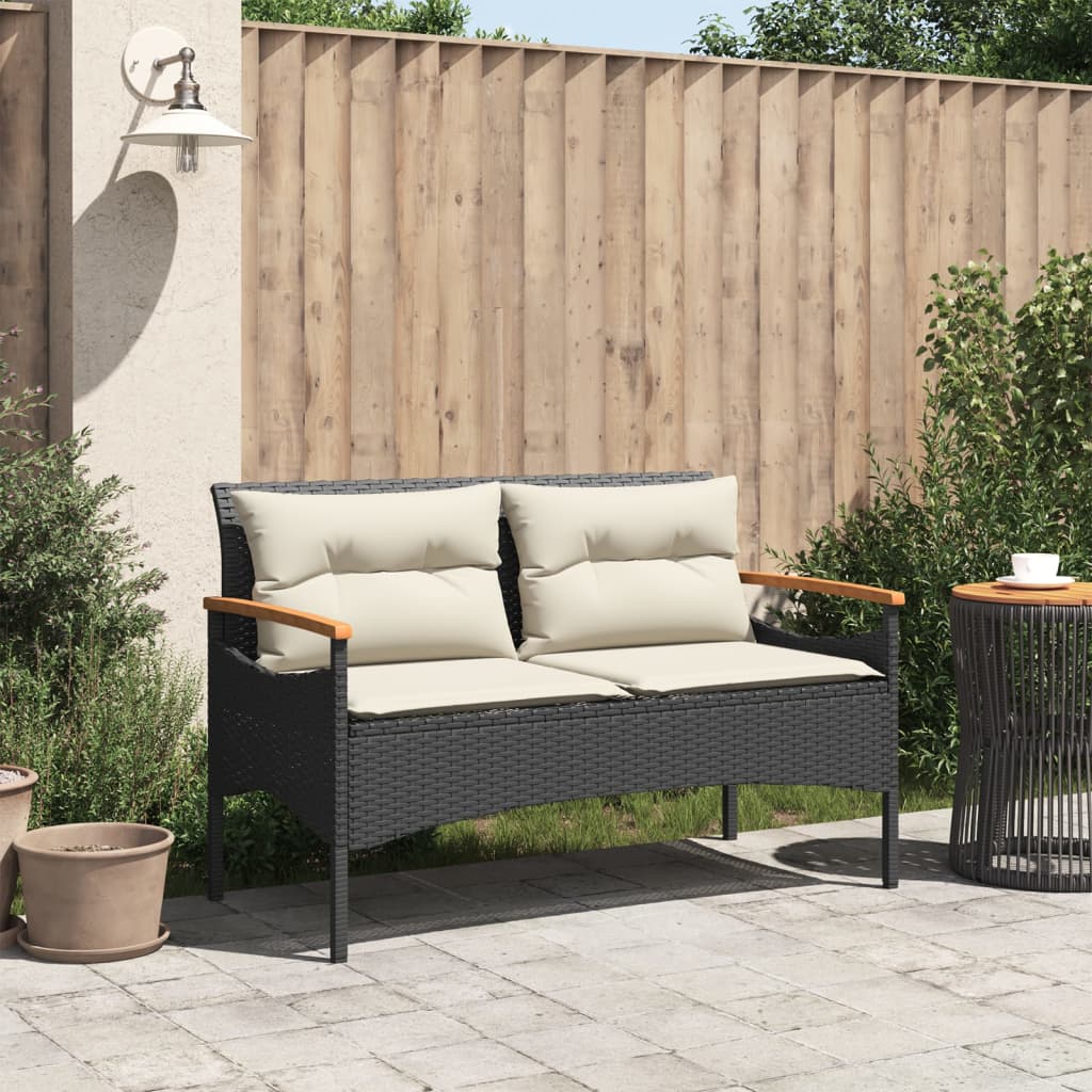 vidaXL Ławka ogrodowa z poduszkami, 116x62,5x74 cm, czarna, polirattan