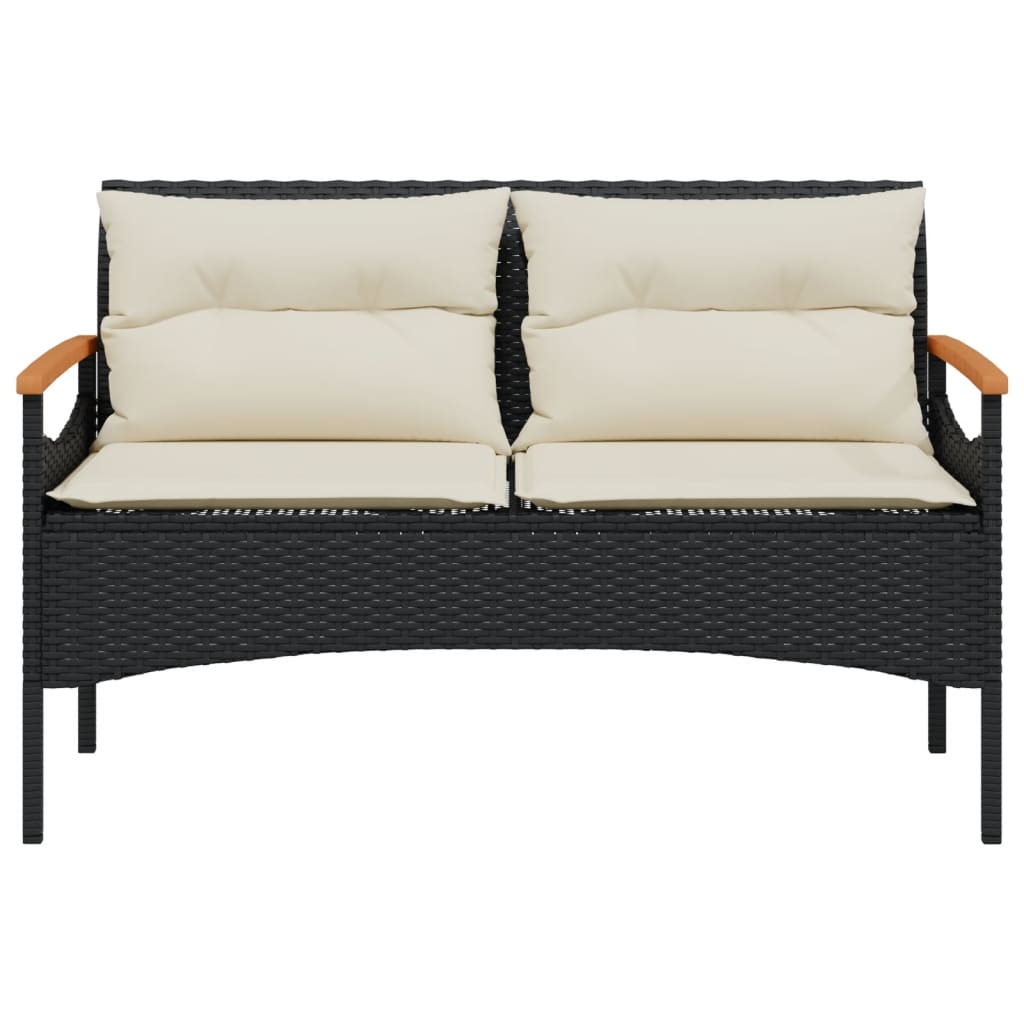 vidaXL Ławka ogrodowa z poduszkami, 116x62,5x74 cm, czarna, polirattan