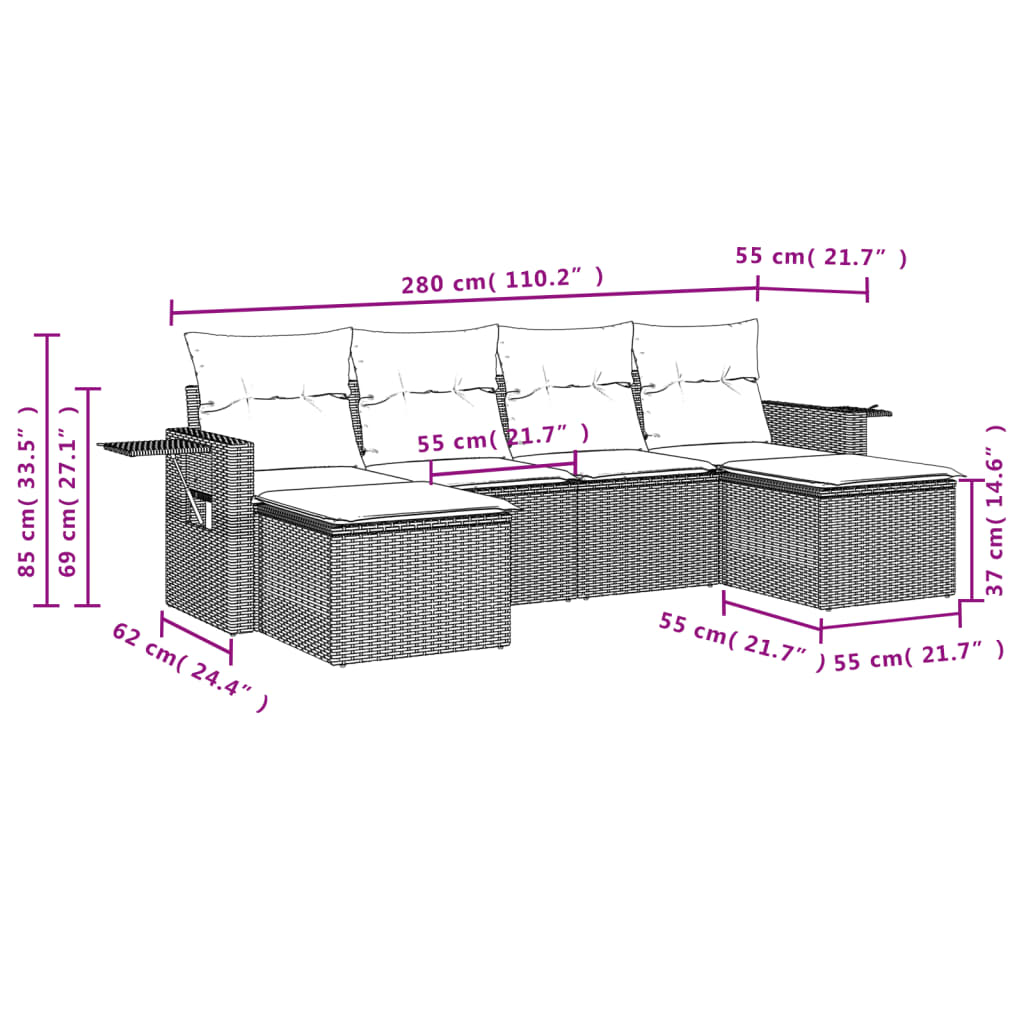 vidaXL 6-cz. zestaw mebli ogrodowych z poduszkami, czarny polirattan