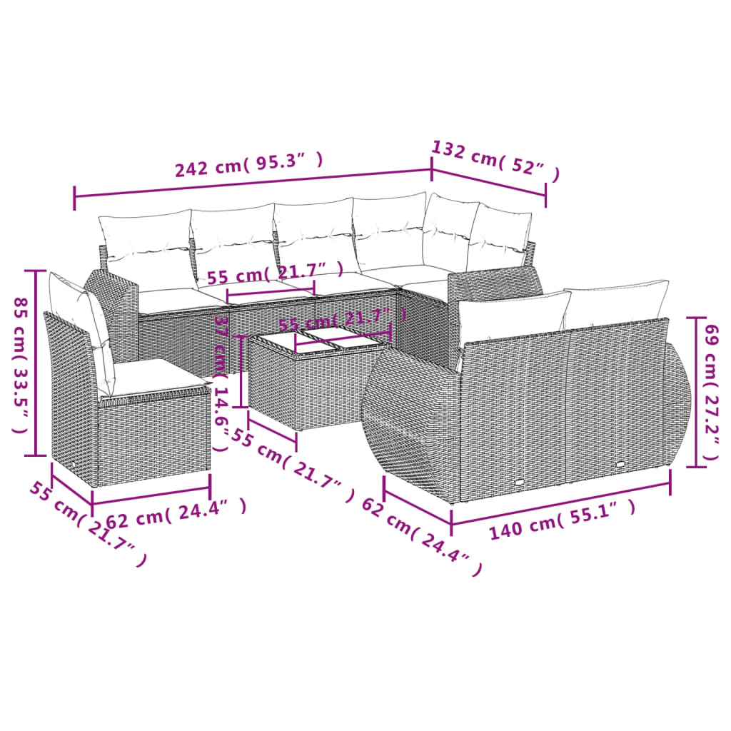 vidaXL 9-cz. zestaw mebli ogrodowych, poduszki, jasnoszary polirattan