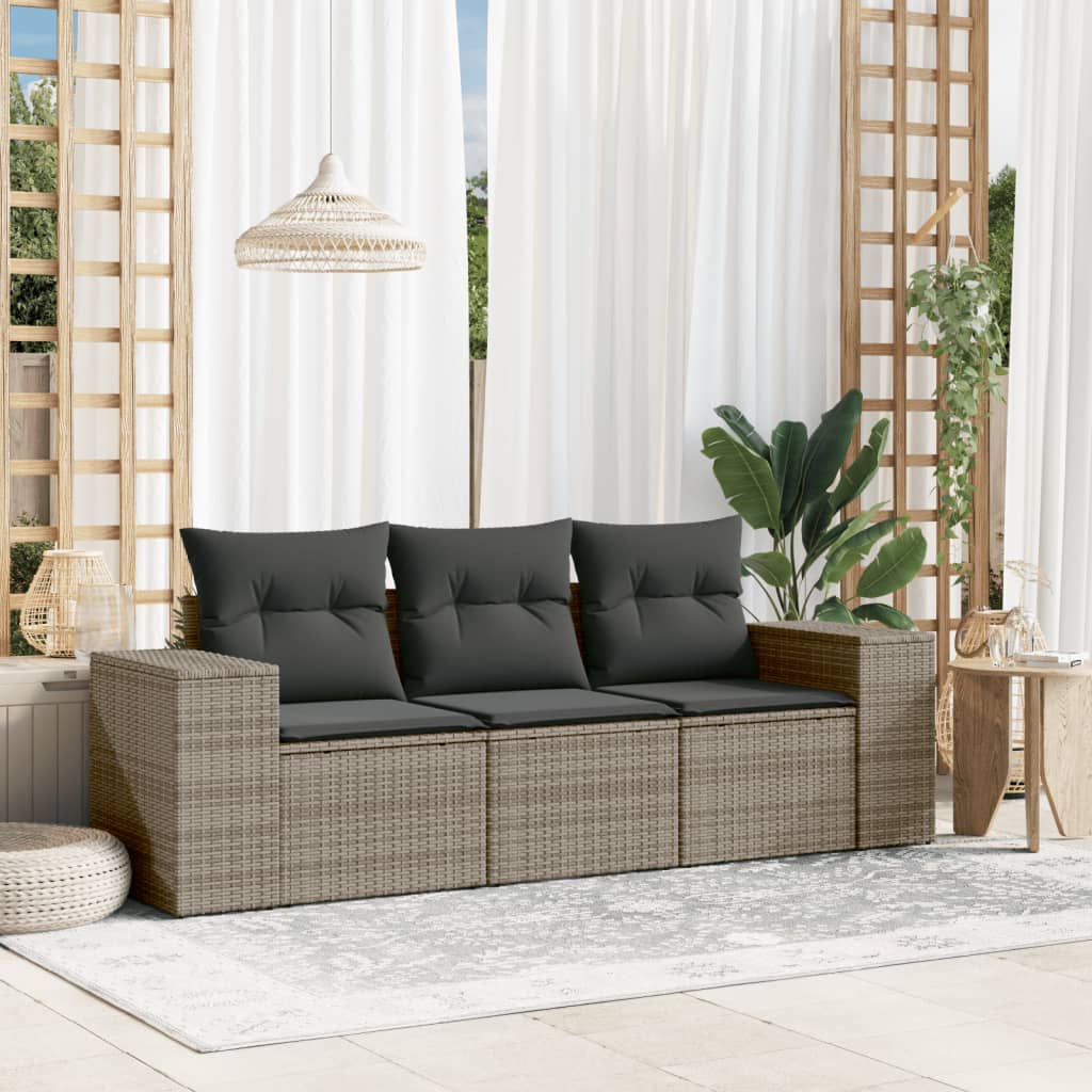 vidaXL 3-częściowa sofa do ogrodu, z poduszkami, szara, polirattanowa