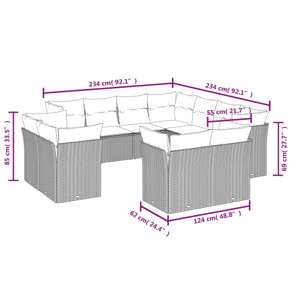 vidaXL 11-cz. zestaw wypoczynkowy do ogrodu, poduszki czarny rattan PE