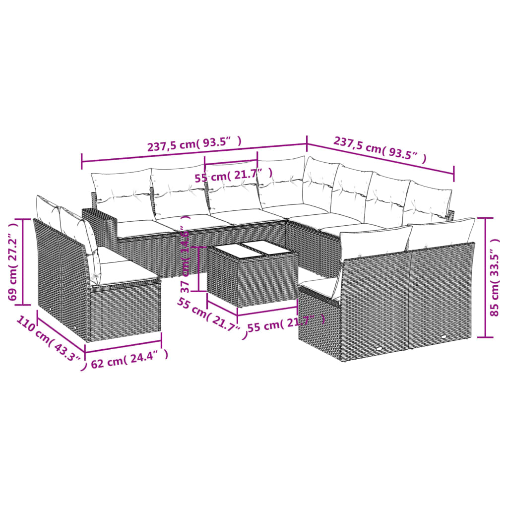 vidaXL 12-cz. zestaw mebli do ogrodu, z poduszkami, czarny, polirattan