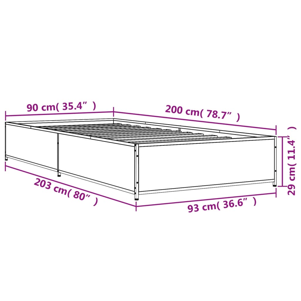 vidaXL Rama łóżka, czarna, 90x200 cm, materiał drewnopochodny i metal