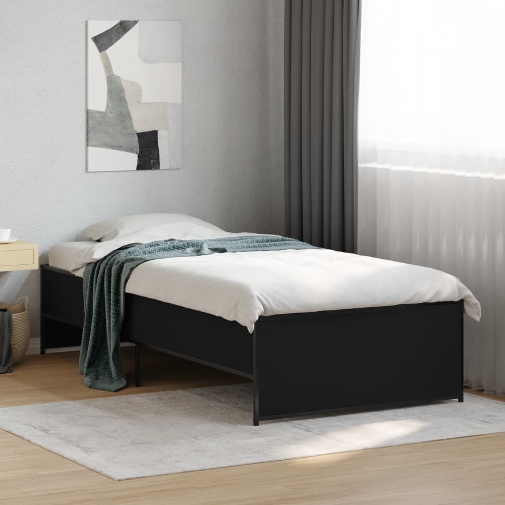 vidaXL Rama łóżka, czarna, 90x190 cm, materiał drewnopochodny i metal