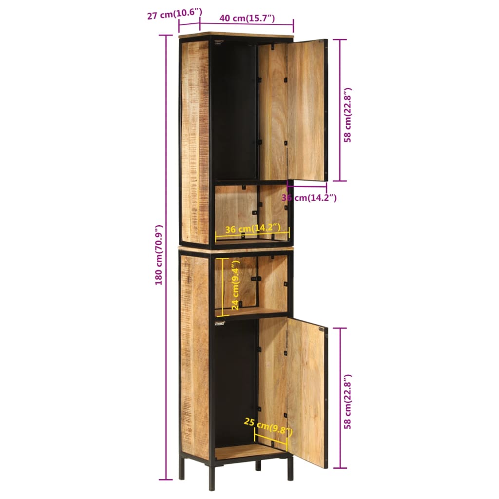 vidaXL Szafka łazienkowa, 40x27x180 cm, żelazo i lite drewno mango